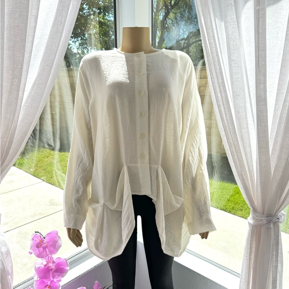 Kedem Sasson Langelook White Linen One Size Top Tunic Blouse Off White EUC - Picture 9 of 11